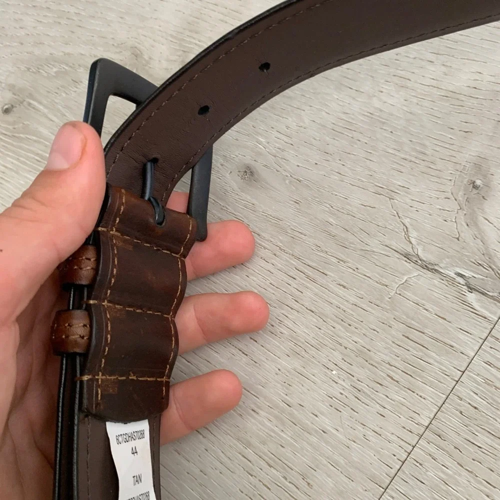 Mens Tan Brown Leather Stitched Belt Matte Black Buckle Size 44 6CTGDHAS70268